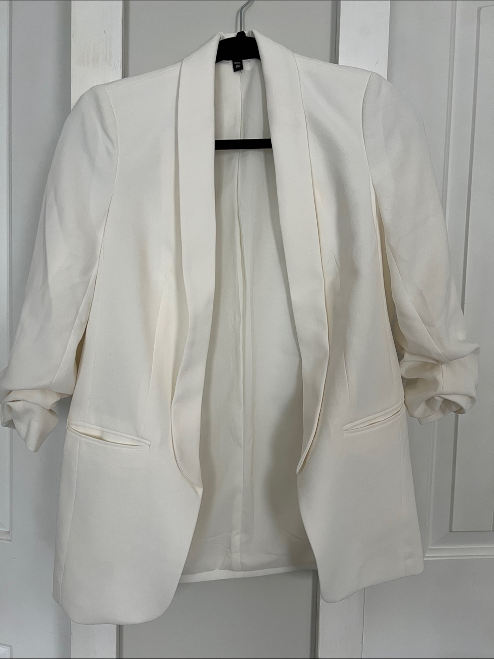 Express Women's Cream Open-Front Shawl Collar Blazer cropped sleeves